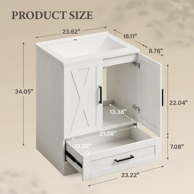 Alt view image 2 of 6 - Bathroom Vanity with Sink, White | 24" Wood Fixture Stand Pedestal Bathroom Cabinet with Drawer, Farmhouse Cabinet Easy Assembly