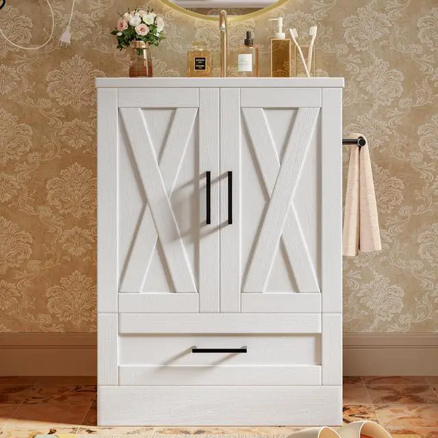 Alt view image 3 of 6 - Bathroom Vanity with Sink, White | 24" Wood Fixture Stand Pedestal Bathroom Cabinet with Drawer, Farmhouse Cabinet Easy Assembly
