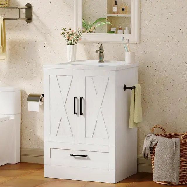 Alt view image 4 of 6 - Bathroom Vanity with Sink, White | 24" Wood Fixture Stand Pedestal Bathroom Cabinet with Drawer, Farmhouse Cabinet Easy Assembly