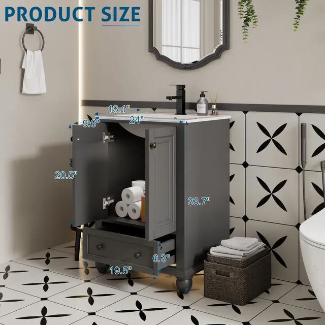 Alt view image 2 of 6 - 24" Bathroom Vanity and Sink Combo, Retro Style Painted Bathroom Cabinet with Ceramic Sink, Matte Faucet and Drain, Mirror is not Included, Grey