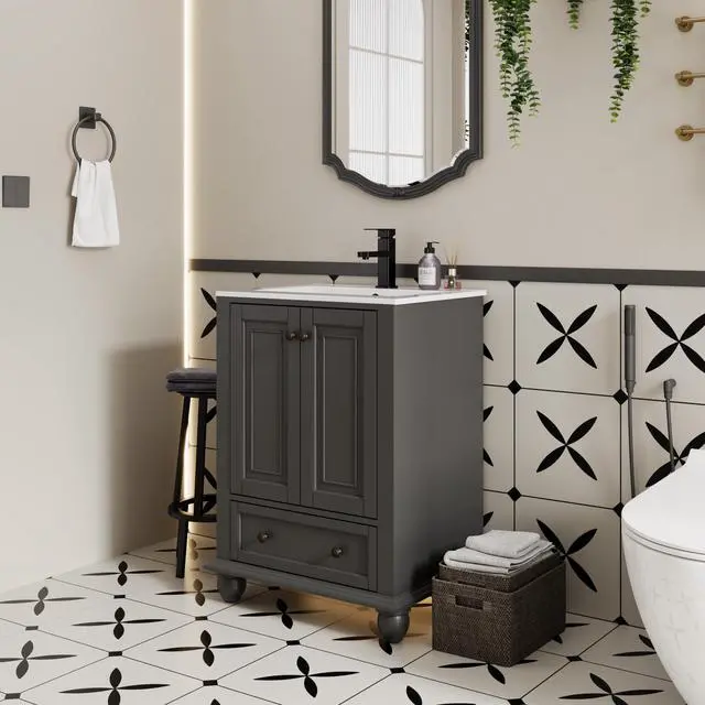 Alt view image 3 of 6 - 24" Bathroom Vanity and Sink Combo, Retro Style Painted Bathroom Cabinet with Ceramic Sink, Matte Faucet and Drain, Mirror is not Included, Grey