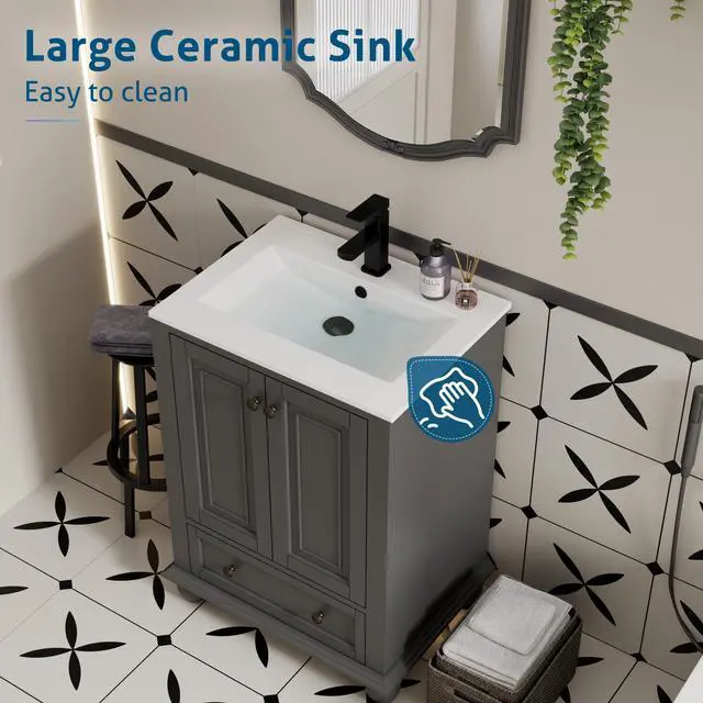Alt view image 4 of 6 - 24" Bathroom Vanity and Sink Combo, Retro Style Painted Bathroom Cabinet with Ceramic Sink, Matte Faucet and Drain, Mirror is not Included, Grey