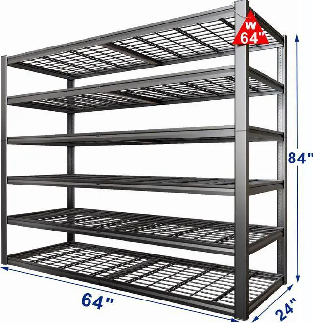 Alt view image 2 of 6 - 64" Wide 6-Tier Garage Shelving Unit, 64" W x 24" D x 84" H, Heavy Duty Garage Storage Shelves,3900 LBS Capacity, Industrial Adjustable Shelves for Basement Warehouse