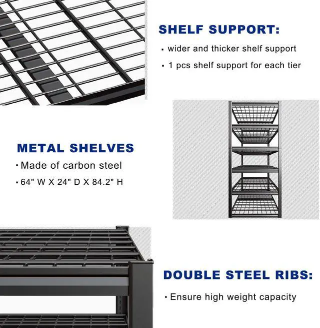 Alt view image 5 of 6 - 64" Wide 6-Tier Garage Shelving Unit, 64" W x 24" D x 84" H, Heavy Duty Garage Storage Shelves,3900 LBS Capacity, Industrial Adjustable Shelves for Basement Warehouse