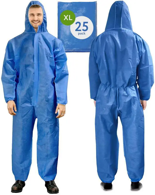 Main image of Disposable Coveralls with Hood, X-Large, Blue, Pack of 25, 50 GSM SMS Fabric, Front Zipper, Elastic Wrists and Ankles, Lightweight One-Piece Work Suit