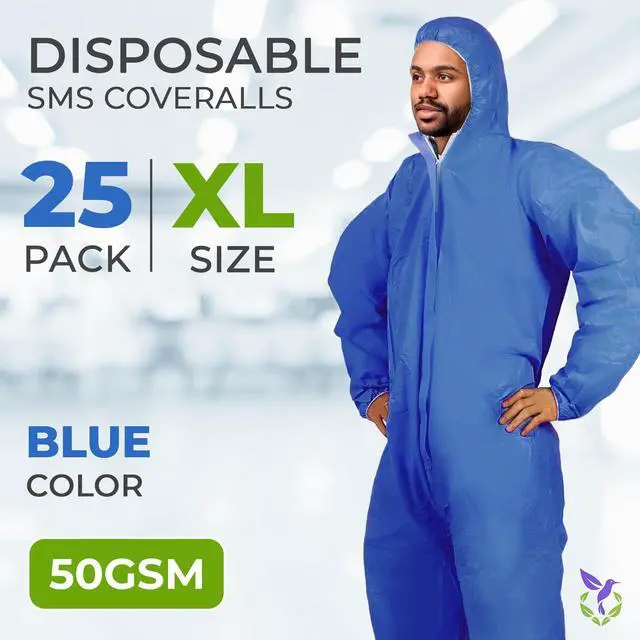 Alt view image 2 of 6 - Disposable Coveralls with Hood, X-Large, Blue, Pack of 25, 50 GSM SMS Fabric, Front Zipper, Elastic Wrists and Ankles, Lightweight One-Piece Work Suit