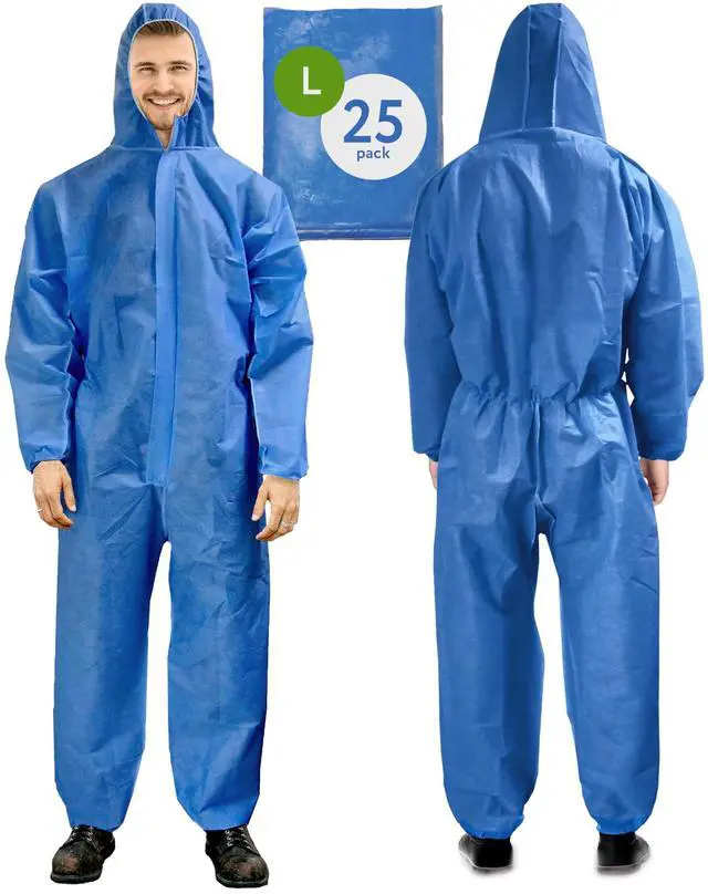 Main image of Disposable Coveralls with Hood, Large, Blue, Pack of 25, 50 GSM SMS Fabric, Front Zipper, Elastic Wrists and Ankles, Lightweight One-Piece Work Suit