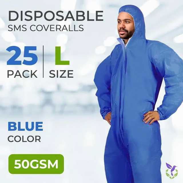 Alt view image 2 of 6 - Disposable Coveralls with Hood, Large, Blue, Pack of 25, 50 GSM SMS Fabric, Front Zipper, Elastic Wrists and Ankles, Lightweight One-Piece Work Suit