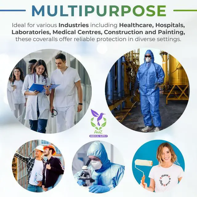 Alt view image 6 of 6 - Disposable Coveralls with Hood, Large, Blue, Pack of 25, 50 GSM SMS Fabric, Front Zipper, Elastic Wrists and Ankles, Lightweight One-Piece Work Suit