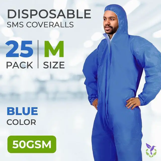 Alt view image 2 of 6 - Disposable Coveralls with Hood, Medium, Blue, Pack of 25, 50 GSM SMS Fabric, Front Zipper, Elastic Wrists and Ankles, Lightweight One-Piece Work Suit