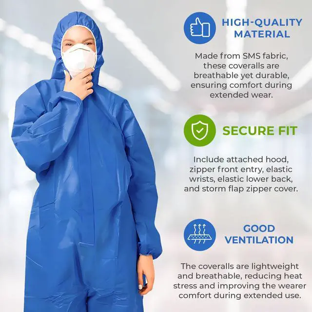 Alt view image 3 of 6 - Disposable Coveralls with Hood, Medium, Blue, Pack of 25, 50 GSM SMS Fabric, Front Zipper, Elastic Wrists and Ankles, Lightweight One-Piece Work Suit