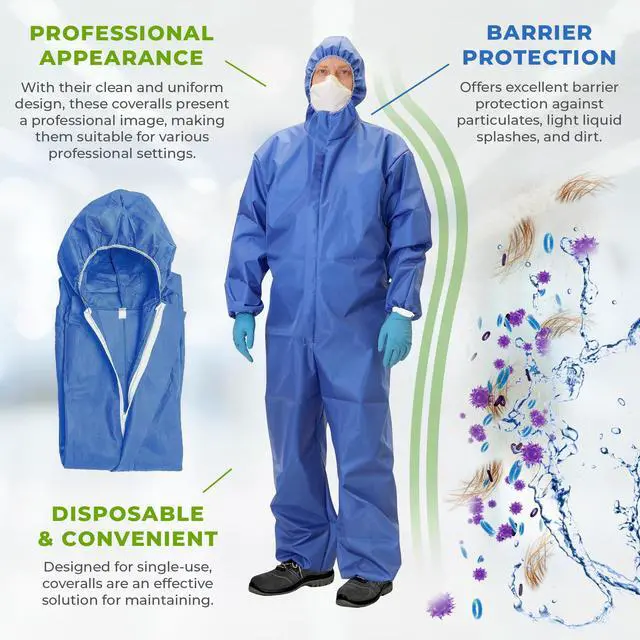Alt view image 4 of 6 - Disposable Coveralls with Hood, Medium, Blue, Pack of 25, 50 GSM SMS Fabric, Front Zipper, Elastic Wrists and Ankles, Lightweight One-Piece Work Suit