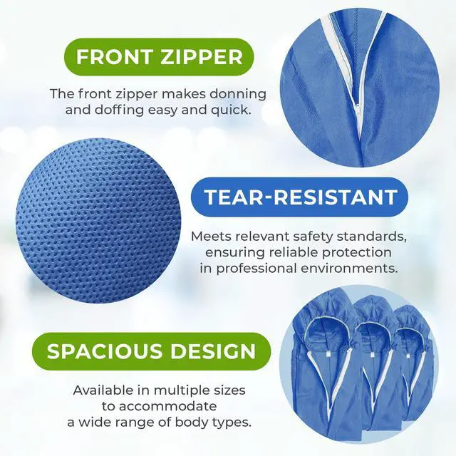 Alt view image 5 of 6 - Disposable Coveralls with Hood, Medium, Blue, Pack of 25, 50 GSM SMS Fabric, Front Zipper, Elastic Wrists and Ankles, Lightweight One-Piece Work Suit