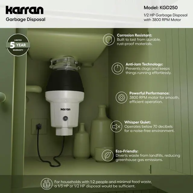 Alt view image 5 of 6 - 1/2 HP Garbage Disposal with Power Cord Quiet Continuous Feed Kitchen Sink Disposal, 3800 RPM Stainless Steel Grinding Chamber, Anti-Jam Technology, Easy 3-Bolt Mount, Compact Design