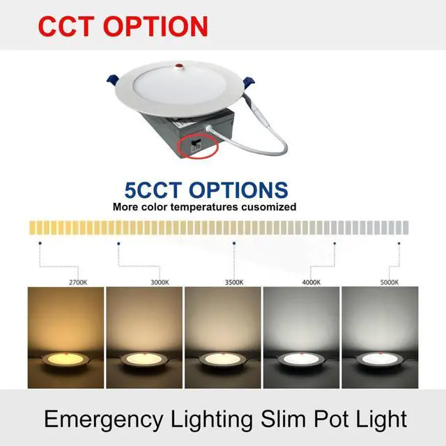 Alt view image 4 of 6 - LED Slim Downlight, Emergency Battery Backup, Dimmable 8in | Recessed Ceiling Light, 27, 30, 35, 40, 50K CCT Selectable, Ultra Thin Round Ceiling Fixture, Home & Commercial Use, 120V