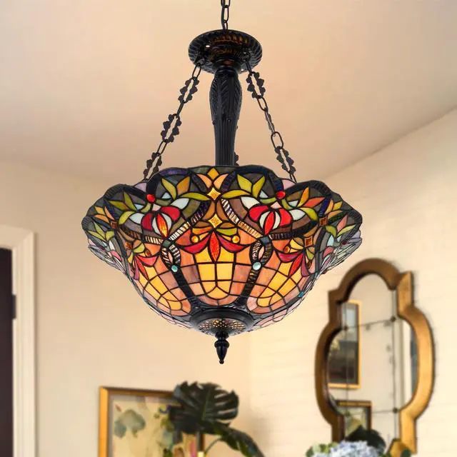 Main image of Stained Glass Tiffany Pendant Light Fixture 3-Lights 18 Inch Inverted Ceiling Pendant Lights for Bedroom Dining Living Room Entryway Foyer (Chandelier 18 Inch)
