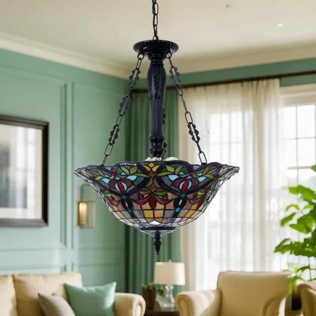 Alt view image 2 of 6 - Stained Glass Tiffany Pendant Light Fixture 3-Lights 18 Inch Inverted Ceiling Pendant Lights for Bedroom Dining Living Room Entryway Foyer (Chandelier 18 Inch)