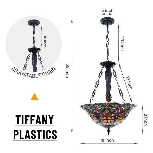 Alt view image 3 of 6 - Stained Glass Tiffany Pendant Light Fixture 3-Lights 18 Inch Inverted Ceiling Pendant Lights for Bedroom Dining Living Room Entryway Foyer (Chandelier 18 Inch)