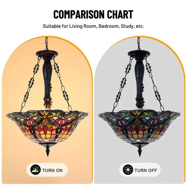 Alt view image 4 of 6 - Stained Glass Tiffany Pendant Light Fixture 3-Lights 18 Inch Inverted Ceiling Pendant Lights for Bedroom Dining Living Room Entryway Foyer (Chandelier 18 Inch)
