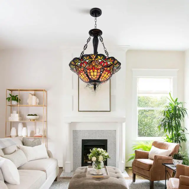 Alt view image 5 of 6 - Stained Glass Tiffany Pendant Light Fixture 3-Lights 18 Inch Inverted Ceiling Pendant Lights for Bedroom Dining Living Room Entryway Foyer (Chandelier 18 Inch)