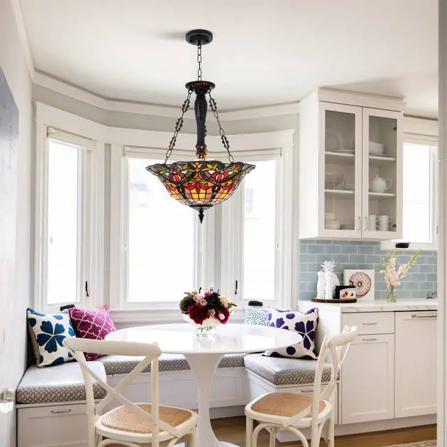 Alt view image 6 of 6 - Stained Glass Tiffany Pendant Light Fixture 3-Lights 18 Inch Inverted Ceiling Pendant Lights for Bedroom Dining Living Room Entryway Foyer (Chandelier 18 Inch)