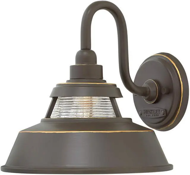 Main image of Troyer Small Outdoor Wall Mount Lantern Light, Gooseneck Arm, Farmhouse Shade with Ribbed Glass Accent, Oil Rubbed Bronze | Clear Ribbed Glass, Aluminum, Needs Med. LED Bulb, Outdoor Finish, Gooseneck