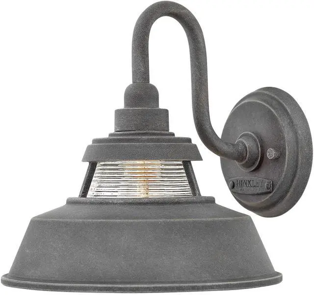 Main image of Troyer Small Outdoor Wall Mount Lantern Light, Gooseneck Arm, Farmhouse Shade with Ribbed Glass Accent, Aged Zinc | Clear Ribbed Glass, Aluminum, Needs Med. LED Bulb, Outdoor Finish, Gooseneck Arm, Pr