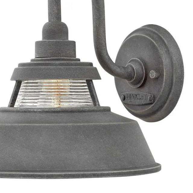 Alt view image 4 of 6 - Troyer Small Outdoor Wall Mount Lantern Light, Gooseneck Arm, Farmhouse Shade with Ribbed Glass Accent, Aged Zinc | Clear Ribbed Glass, Aluminum, Needs Med. LED Bulb, Outdoor Finish, Gooseneck Arm, Pr