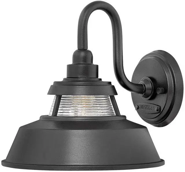 Main image of Troyer 1194BK Small Outdoor Wall Mount Lantern Light, Gooseneck Arm, Farmhouse Shade with Ribbed Glass Accent, Black | Clear Ribbed Glass, Aluminum, Needs Med. LED Bulb, Outdoor Finish, Gooseneck Arm,
