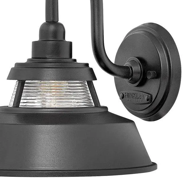 Alt view image 4 of 6 - Troyer 1194BK Small Outdoor Wall Mount Lantern Light, Gooseneck Arm, Farmhouse Shade with Ribbed Glass Accent, Black | Clear Ribbed Glass, Aluminum, Needs Med. LED Bulb, Outdoor Finish, Gooseneck Arm,