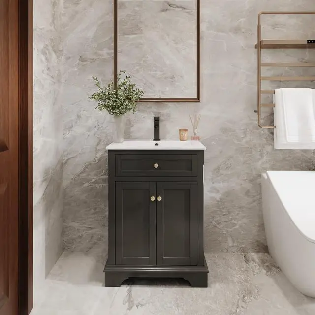 Main image of 24" Bathroom Vanity with Sink Combo, Vintage Bathroom Vanities Storage Cabinet w/Painted Surface, Raised Arch Feet, Soft Closing Doors, Undermount Sink Faucet Drain, Black