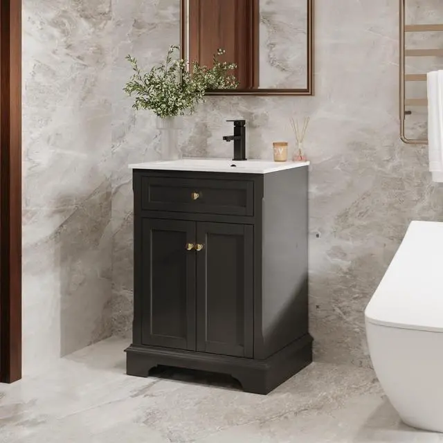 Alt view image 2 of 6 - 24" Bathroom Vanity with Sink Combo, Vintage Bathroom Vanities Storage Cabinet w/Painted Surface, Raised Arch Feet, Soft Closing Doors, Undermount Sink Faucet Drain, Black