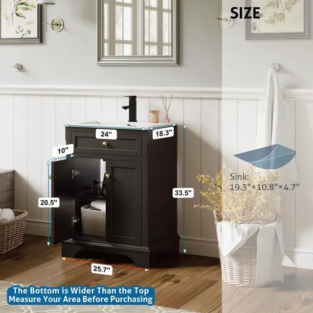 Alt view image 3 of 6 - 24" Bathroom Vanity with Sink Combo, Vintage Bathroom Vanities Storage Cabinet w/Painted Surface, Raised Arch Feet, Soft Closing Doors, Undermount Sink Faucet Drain, Black