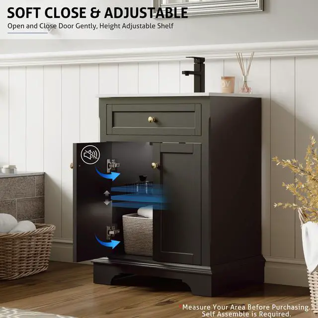 Alt view image 4 of 6 - 24" Bathroom Vanity with Sink Combo, Vintage Bathroom Vanities Storage Cabinet w/Painted Surface, Raised Arch Feet, Soft Closing Doors, Undermount Sink Faucet Drain, Black