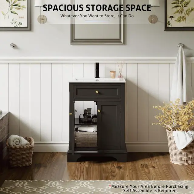 Alt view image 5 of 6 - 24" Bathroom Vanity with Sink Combo, Vintage Bathroom Vanities Storage Cabinet w/Painted Surface, Raised Arch Feet, Soft Closing Doors, Undermount Sink Faucet Drain, Black