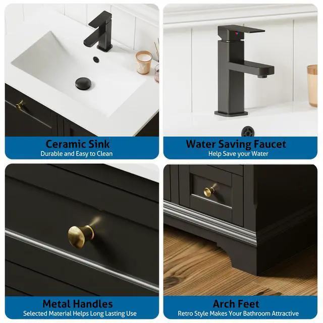 Alt view image 6 of 6 - 24" Bathroom Vanity with Sink Combo, Vintage Bathroom Vanities Storage Cabinet w/Painted Surface, Raised Arch Feet, Soft Closing Doors, Undermount Sink Faucet Drain, Black