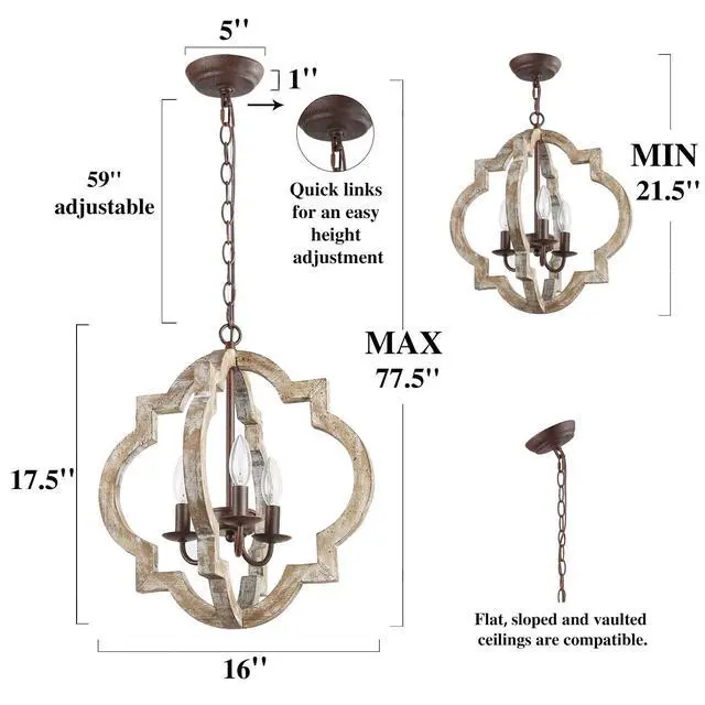 Alt view image 2 of 6 - Farmhouse Orb Chandelier, Handmade Wood Light Fixture for Dining & Living Room, Foyer, Bedroom, Kitchen Island and Entryway