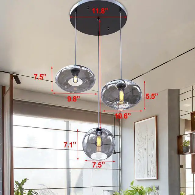 Alt view image 2 of 6 - 3 Lights Grey Glass Pendant Light Modern Minimalist LED Chandelier | 3 Pendant Light Fixture, Nordic Cluster Chandelier Smoke Grey Glass Pendant Light, Modern Cluster Pendant Light Fixture