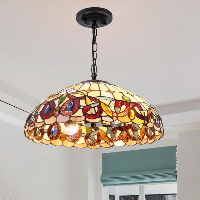 Main image of 16" Vintage Pendant Light Fixture | Victorian Stained Glass Chandelier 2-Light Hanging Lamp for Bedroom Dining Living Room Entryway Foyer