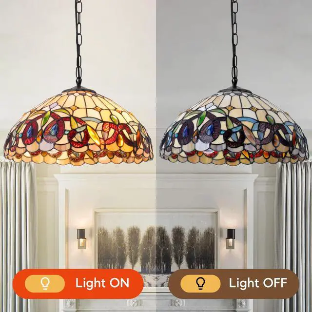 Alt view image 2 of 6 - 16" Vintage Pendant Light Fixture | Victorian Stained Glass Chandelier 2-Light Hanging Lamp for Bedroom Dining Living Room Entryway Foyer