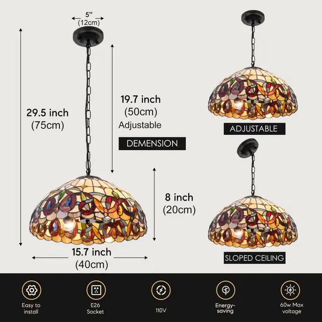 Alt view image 3 of 6 - 16" Vintage Pendant Light Fixture | Victorian Stained Glass Chandelier 2-Light Hanging Lamp for Bedroom Dining Living Room Entryway Foyer