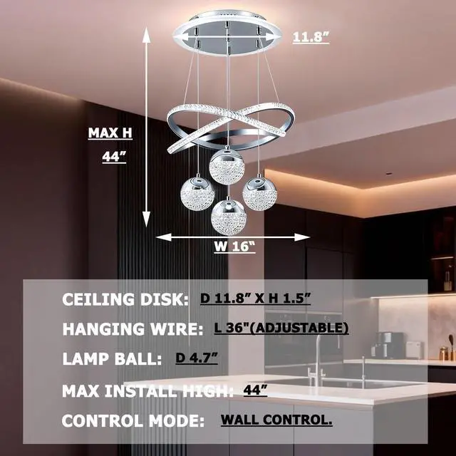 Alt view image 2 of 6 - Chrome Pendant Lights Kitchen Island, Dining Room Light Fixture | 16" Modern Chandeliers for Dining Room, LED Chandelier for Bedroom, Elegant Lamp for Hallway, Dining Room Chandelier