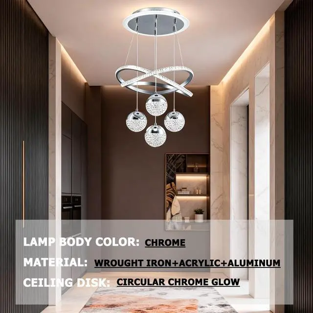 Alt view image 4 of 6 - Chrome Pendant Lights Kitchen Island, Dining Room Light Fixture | 16" Modern Chandeliers for Dining Room, LED Chandelier for Bedroom, Elegant Lamp for Hallway, Dining Room Chandelier