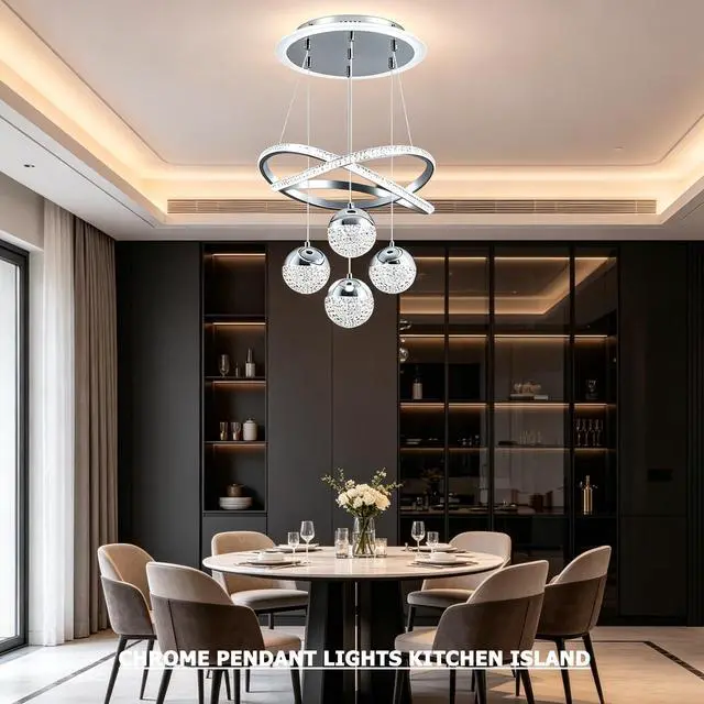 Alt view image 6 of 6 - Chrome Pendant Lights Kitchen Island, Dining Room Light Fixture | 16" Modern Chandeliers for Dining Room, LED Chandelier for Bedroom, Elegant Lamp for Hallway, Dining Room Chandelier