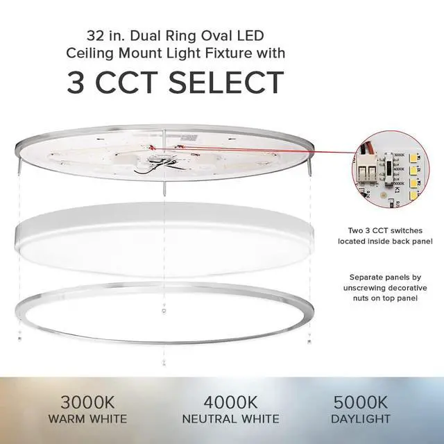 Alt view image 5 of 6 - 32" Oval Satin Nickel Flush Mount Ceiling Light, 3 CCT, 5500 Lumens | Color Selectable 3000K/4000K/5000K, Dimmable, Flush Mount, Indoor Light