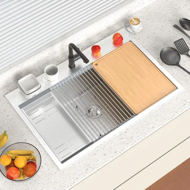 Main image of 33 Inch Stainless Steel Drop In, Kitchen Utility Sink, Workstation Deep Single Bowl, Integrated Ledge Multifunctional Workstation Sink Set,Silver