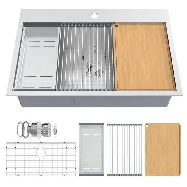 Alt view image 2 of 6 - 33 Inch Stainless Steel Drop In, Kitchen Utility Sink, Workstation Deep Single Bowl, Integrated Ledge Multifunctional Workstation Sink Set,Silver