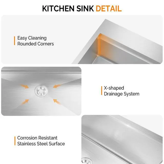 Alt view image 3 of 6 - 33 Inch Stainless Steel Drop In, Kitchen Utility Sink, Workstation Deep Single Bowl, Integrated Ledge Multifunctional Workstation Sink Set,Silver