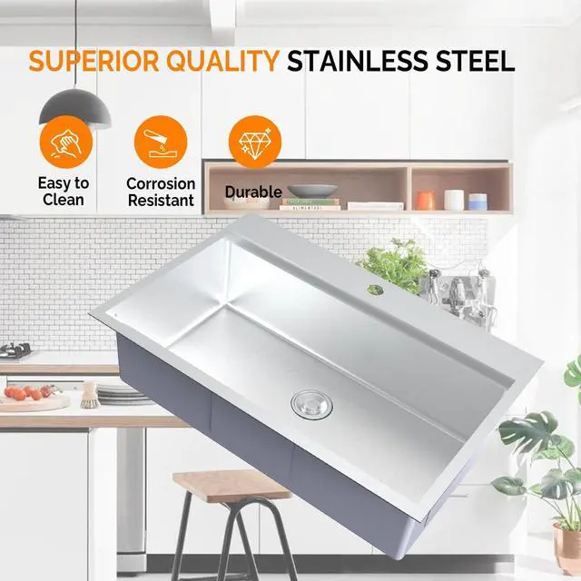 Alt view image 6 of 6 - 33 Inch Stainless Steel Drop In, Kitchen Utility Sink, Workstation Deep Single Bowl, Integrated Ledge Multifunctional Workstation Sink Set,Silver