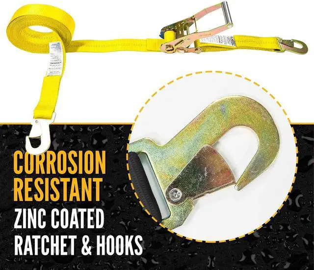 Alt view image 2 of 6 - Automotive Ratchet Strap with Snap Hook, 2 Inch Wide X 12 Foot Long, Yellow Ratchet Straps with Locking Hook, Case of 10